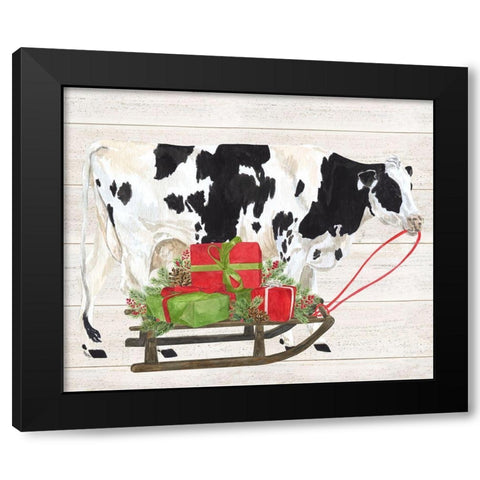 Christmas on the Farm I-Cow with Sled Black Modern Wood Framed Art Print with Double Matting by Reed, Tara