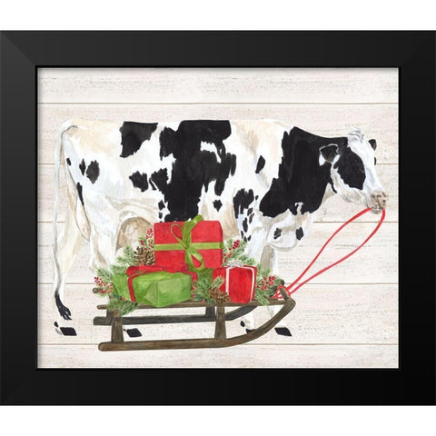 Christmas on the Farm I-Cow with Sled Black Modern Wood Framed Art Print by Reed, Tara