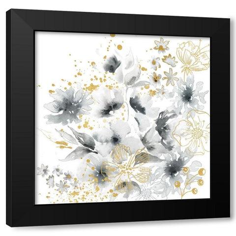 Watercolor Gray and Gold Floral Black Modern Wood Framed Art Print with Double Matting by Tre Sorelle Studios