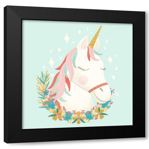 Unicorns and Flowers I Black Modern Wood Framed Art Print with Double Matting by Noonday Design