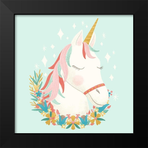 Unicorns and Flowers I Black Modern Wood Framed Art Print by Noonday Design