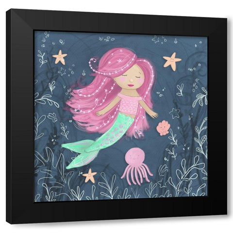 Mermaid and Octopus Navy I Black Modern Wood Framed Art Print with Double Matting by Hartworks