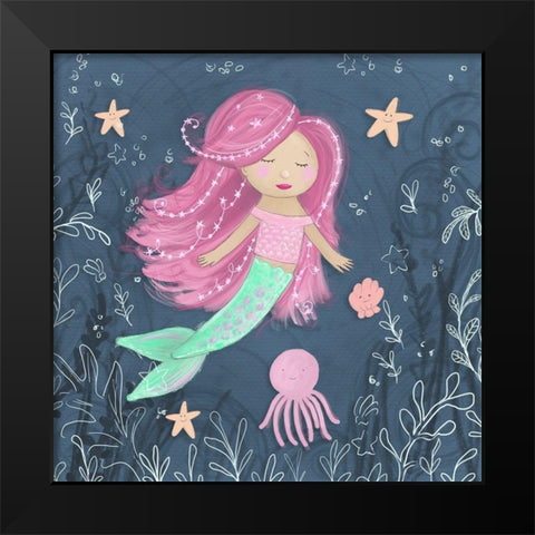 Mermaid and Octopus Navy I Black Modern Wood Framed Art Print by Hartworks