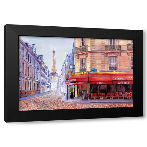 Paris Cafe w/Eiffel Black Modern Wood Framed Art Print by Bannarot