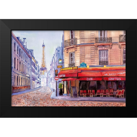 Paris Cafe w/Eiffel Black Modern Wood Framed Art Print by Bannarot