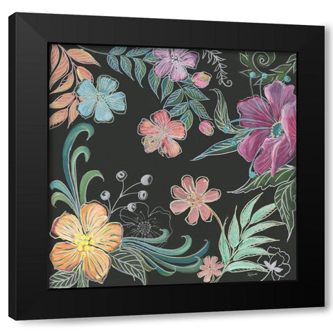 Boho Florals on Black II Black Modern Wood Framed Art Print by Tre Sorelle Studios