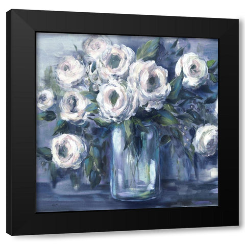 Indigo and White Blooms in Mason Jar Black Modern Wood Framed Art Print with Double Matting by Tre Sorelle Studios
