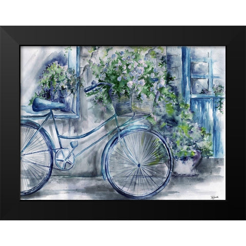 Blue and White Bicycle Florist Shop Black Modern Wood Framed Art Print by Tre Sorelle Studios