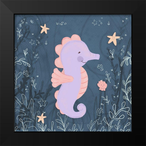 Seahorse and Turtle Blue I Black Modern Wood Framed Art Print by Hartworks