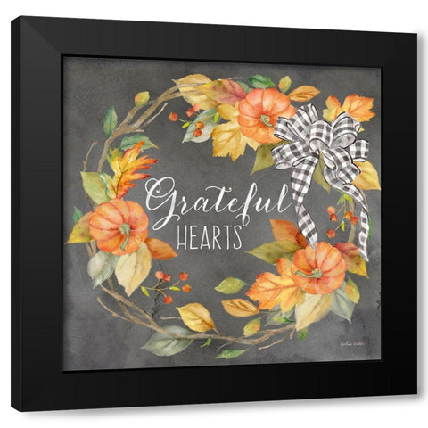 Pumpkin Patch Wreath on Black II-Grateful Black Modern Wood Framed Art Print with Double Matting by Coulter, Cynthia