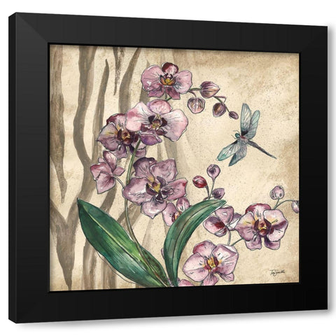 Boho Orchid and Dragonfly I Black Modern Wood Framed Art Print by Tre Sorelle Studios