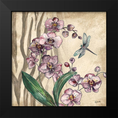 Boho Orchid and Dragonfly I Black Modern Wood Framed Art Print by Tre Sorelle Studios