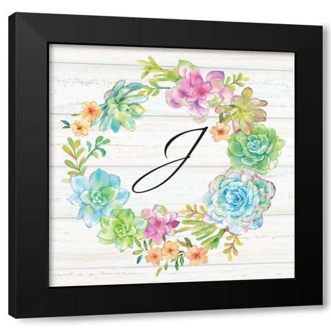 Sweet Succulents Wreath Monogram J Black Modern Wood Framed Art Print with Double Matting by Coulter, Cynthia