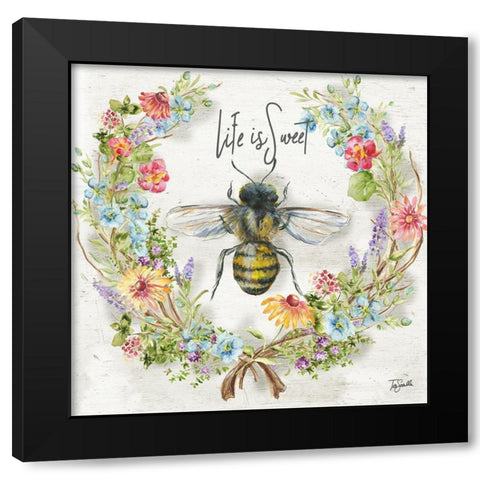 Honey Bee and Herb Blossom Wreath I Black Modern Wood Framed Art Print with Double Matting by Tre Sorelle Studios