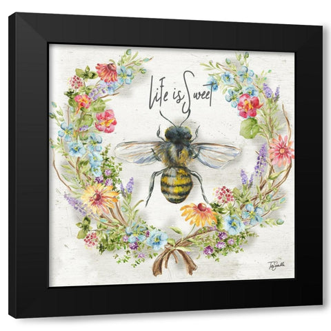 Honey Bee and Herb Blossom Wreath I Black Modern Wood Framed Art Print by Tre Sorelle Studios