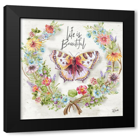 Butterfly and Herb Blossom WreathÂ  Black Modern Wood Framed Art Print by Tre Sorelle Studios
