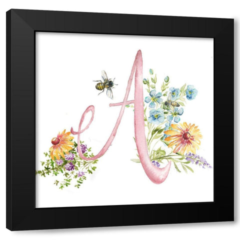 Watercolor Herb Blossom Monogram A Black Modern Wood Framed Art Print by Tre Sorelle Studios