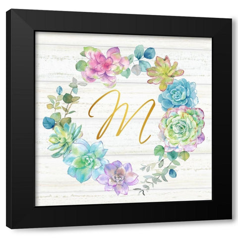Sweet Succulents Wreath Monogram M gold Black Modern Wood Framed Art Print with Double Matting by Coulter, Cynthia