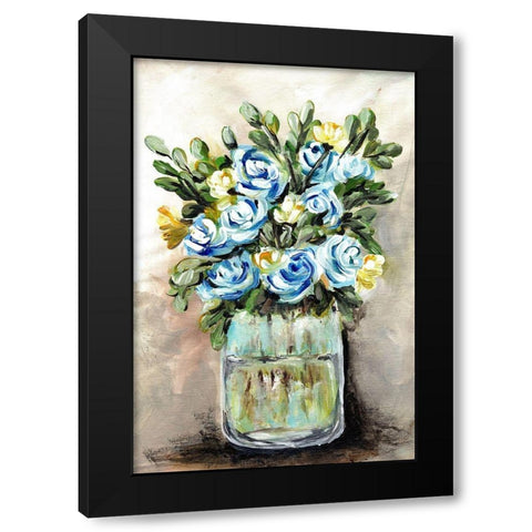 Blue and Yellow  Floral Mason Jar Black Modern Wood Framed Art Print with Double Matting by Chapman, Marcy