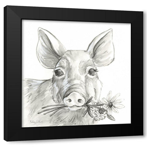 Watercolor  Pencil Farm I-Pig Black Modern Wood Framed Art Print with Double Matting by Wilson, Kelsey