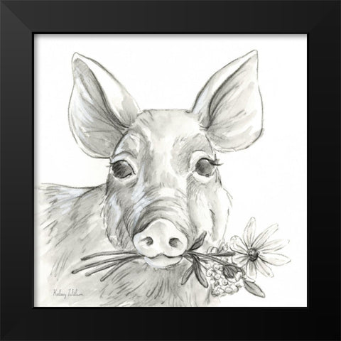 Watercolor  Pencil Farm I-Pig Black Modern Wood Framed Art Print by Wilson, Kelsey