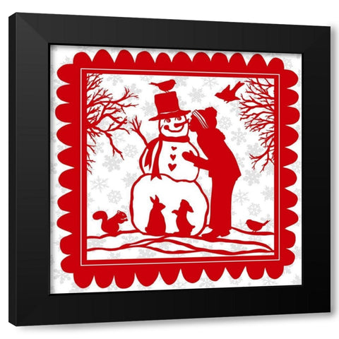 Snowman Kiss with Snowflakes Black Modern Wood Framed Art Print with Double Matting by Sowell, Sharyn