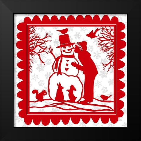 Snowman Kiss with Snowflakes Black Modern Wood Framed Art Print by Sowell, Sharyn