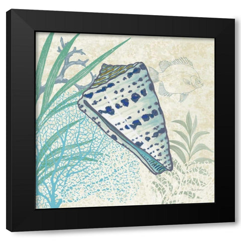 Oceana Indigo Shells I Black Modern Wood Framed Art Print with Double Matting by Gladding, Pamela