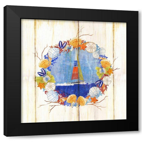 Coastal Sailboat Wreath Black Modern Wood Framed Art Print with Double Matting by Escobedo, Mary