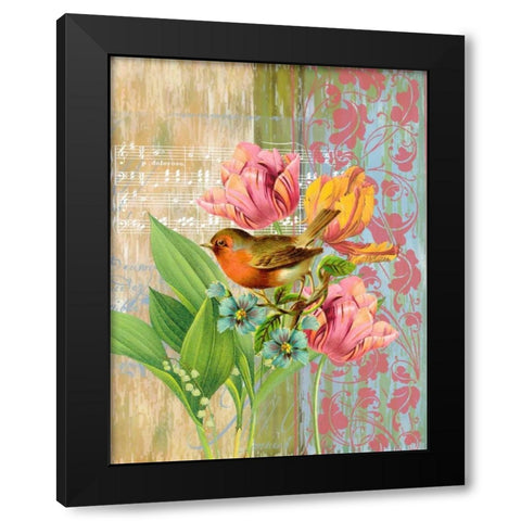 Robin and Tulips Black Modern Wood Framed Art Print by Robertson, Walter
