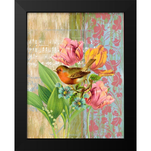 Robin and Tulips Black Modern Wood Framed Art Print by Robertson, Walter