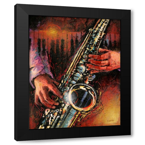 Blues Sax Black Modern Wood Framed Art Print by Langton, Bruce