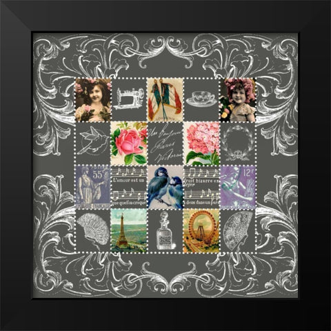 Vintage Stamps Grey Black Modern Wood Framed Art Print by De Lauzun, Marion