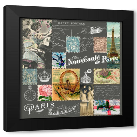 French Stamps Grey Black Modern Wood Framed Art Print with Double Matting by De Lauzun, Marion