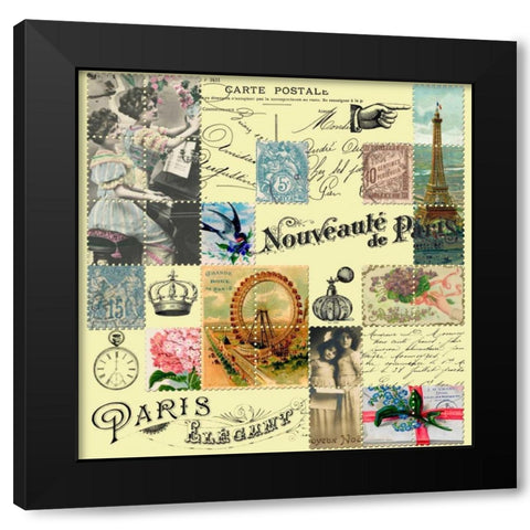 French Stamps Yellow Black Modern Wood Framed Art Print with Double Matting by De Lauzun, Marion