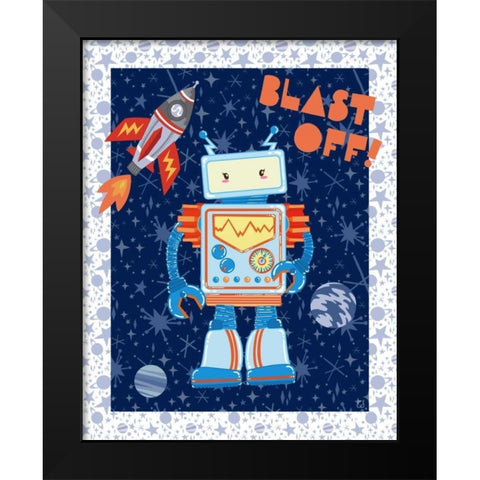 Blast Off Robot Black Modern Wood Framed Art Print by Skapriwsky, Christina