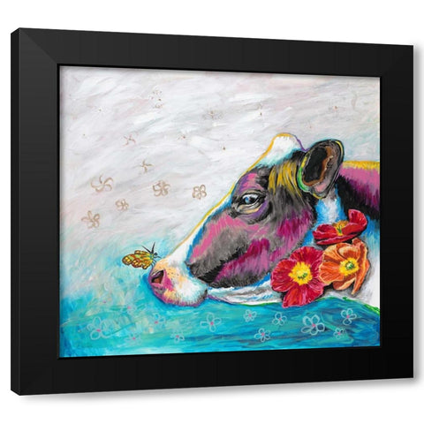Whimsical Cow Black Modern Wood Framed Art Print by Walela R.