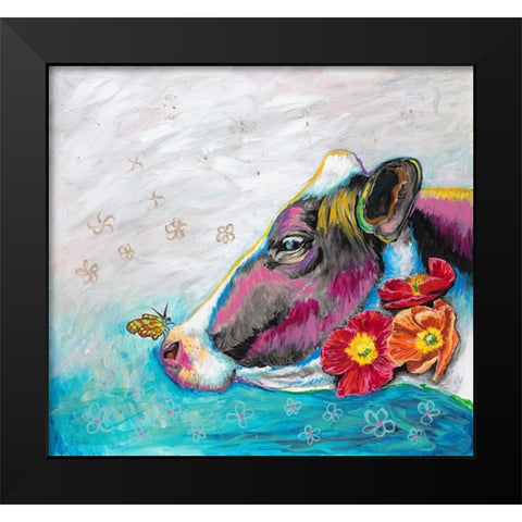 Whimsical Cow Black Modern Wood Framed Art Print by Walela R.