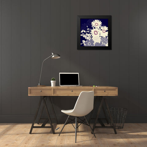 Sihouetted Florals Blue Black Modern Wood Framed Art Print by Z Studio