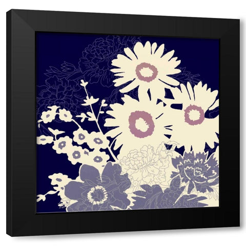 Sihouetted Florals Blue Black Modern Wood Framed Art Print by Z Studio