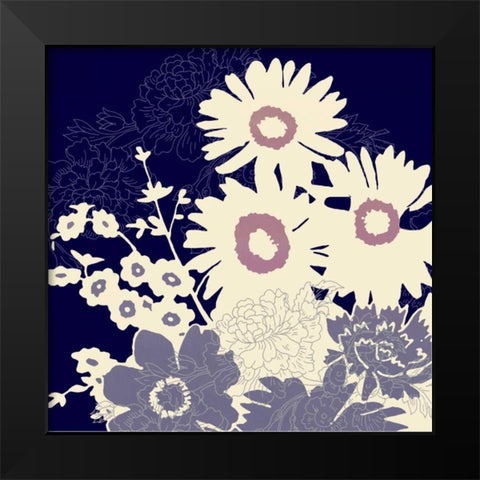 Sihouetted Florals Blue Black Modern Wood Framed Art Print by Z Studio