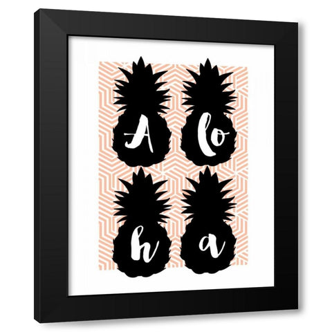 Aloha Pineapples Peach Black Modern Wood Framed Art Print by Dos Santos, Bella