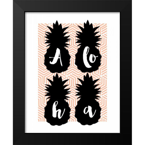 Aloha Pineapples Peach Black Modern Wood Framed Art Print by Dos Santos, Bella