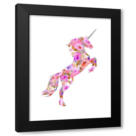 Pink Floral Unicorn Black Modern Wood Framed Art Print with Double Matting by Dos Santos, Bella