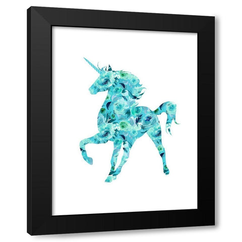 Blue Floral Unicorn Black Modern Wood Framed Art Print with Double Matting by Dos Santos, Bella