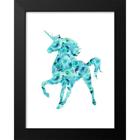 Blue Floral Unicorn Black Modern Wood Framed Art Print by Dos Santos, Bella