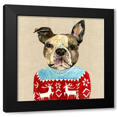 French Bulldog in a Red Sweater Black Modern Wood Framed Art Print by Jing, Jin