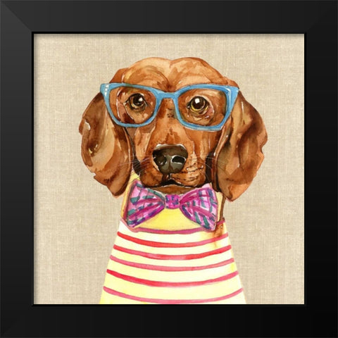 Dachshund With Fashion Glasses Black Modern Wood Framed Art Print by Jing, Jin