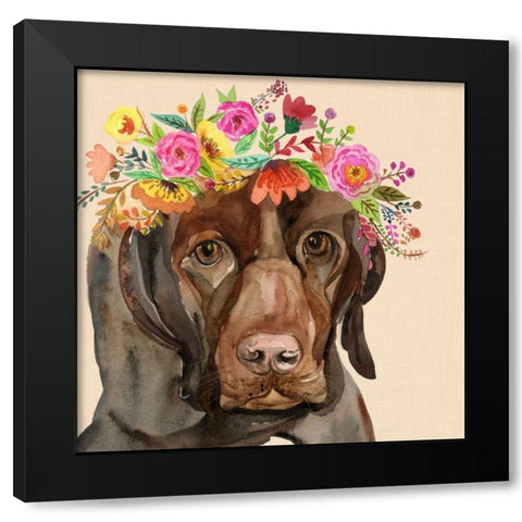 Dog with a wreath of colorful blossoms I Black Modern Wood Framed Art Print by Jing, Jin