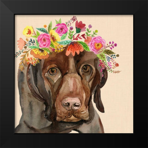 Dog with a wreath of colorful blossoms I Black Modern Wood Framed Art Print by Jing, Jin